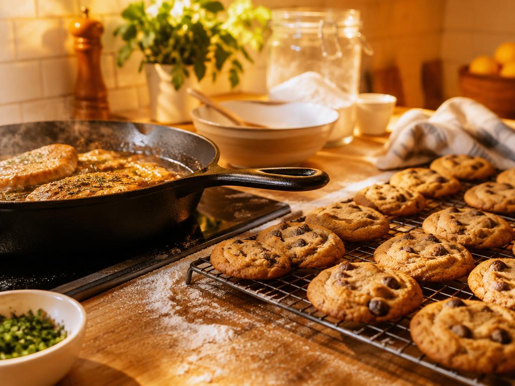 Cookies and a skillet in Jeff's kitchen