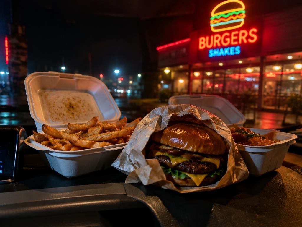 Takeout burger and fries at night